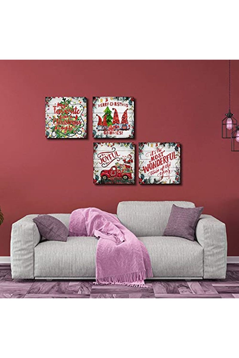 sunfrower Christmas Canvas Wall Art Red Santa Paintings for Bedroom Pictures Farmhouse Christmas Tree Truck Gnomies Wall Decor Kitchen Artworks Winter Decorations for Home Christmas Holiday Posters 12x12" 4 Pcs - Image 3