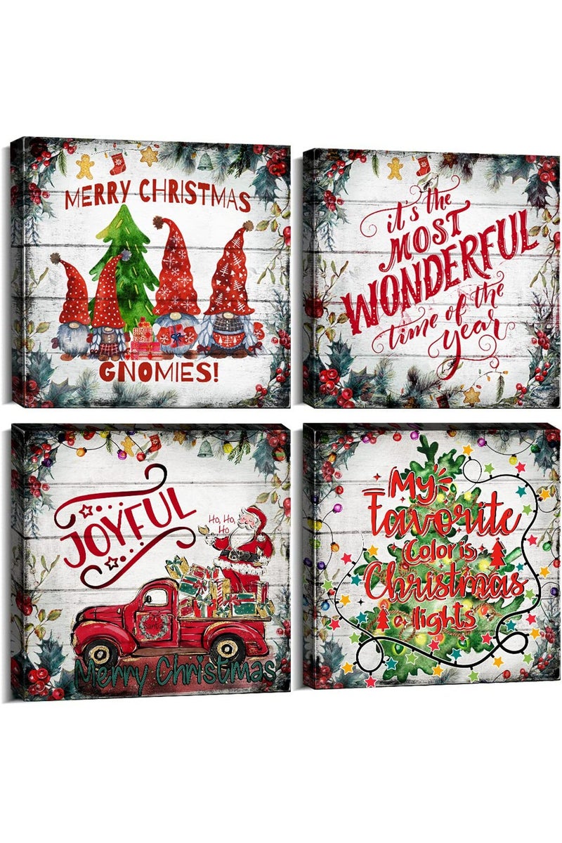 sunfrower Christmas Canvas Wall Art Red Santa Paintings for Bedroom Pictures Farmhouse Christmas Tree Truck Gnomies Wall Decor Kitchen Artworks Winter Decorations for Home Christmas Holiday Posters 12x12" 4 Pcs - Image 1