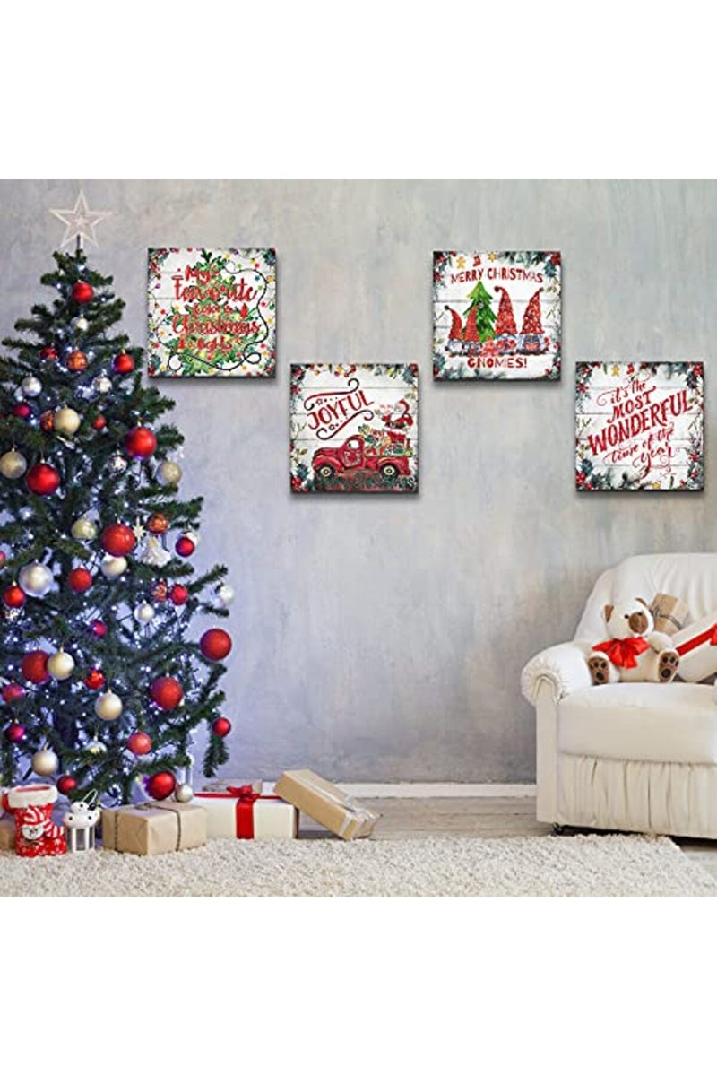 sunfrower Christmas Canvas Wall Art Red Santa Paintings for Bedroom Pictures Farmhouse Christmas Tree Truck Gnomies Wall Decor Kitchen Artworks Winter Decorations for Home Christmas Holiday Posters 12x12" 4 Pcs - Image 4