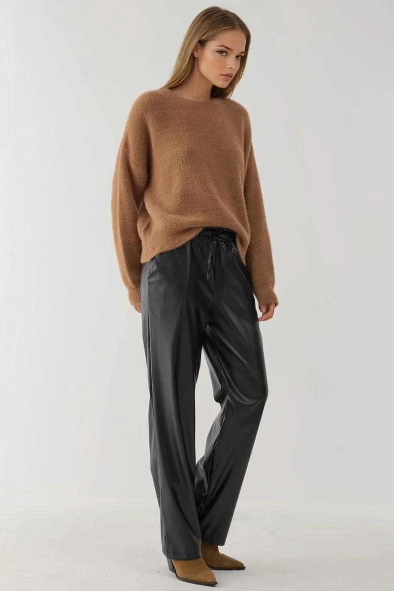 Hiccup Faux Leather Elastic Waist Straight Leg Pants