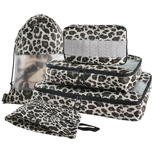 U+U 5 Set Packing Cubes for Travel Essentials Ultralight Luggage Packing Organizers with Laundry Bag and Shoe Bag for Vacation, Business Trip and Camping (Leopard) - Image 1