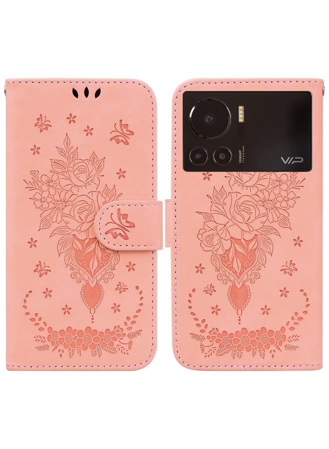 زبون جراب لهاتف Infinix Note 12 VIP مصنوع من الجلد المنقوش بنقشة الفراشة الوردية - Image 1