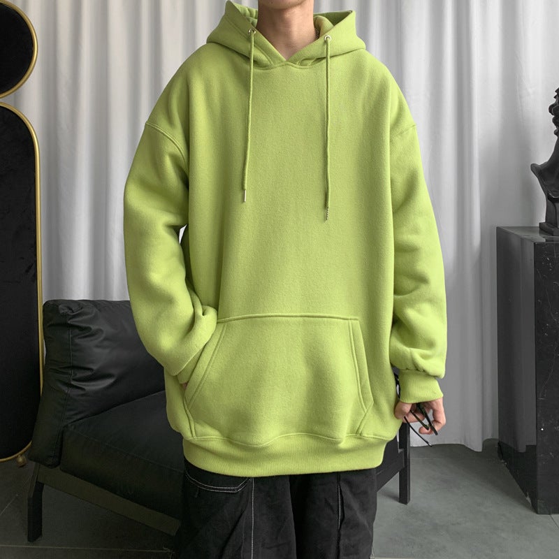 Mens Solid Color Sweater Spring and Autumn ins Hong Kong-style Hooded Jacket Loose Trendy All-match Autumn Clothes Hip-hop Fruit Green