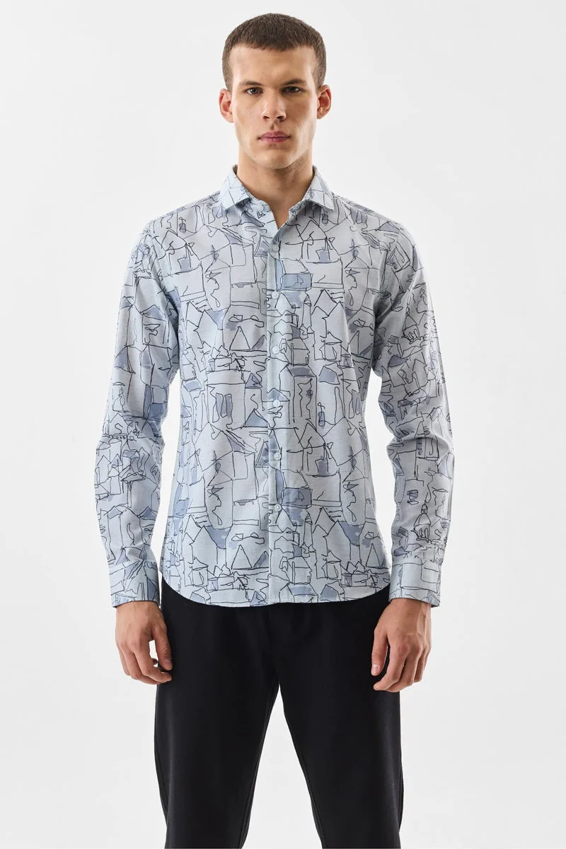 سنيتش Light Blue Abstract Long Sleeve Slim Fit Shirt
