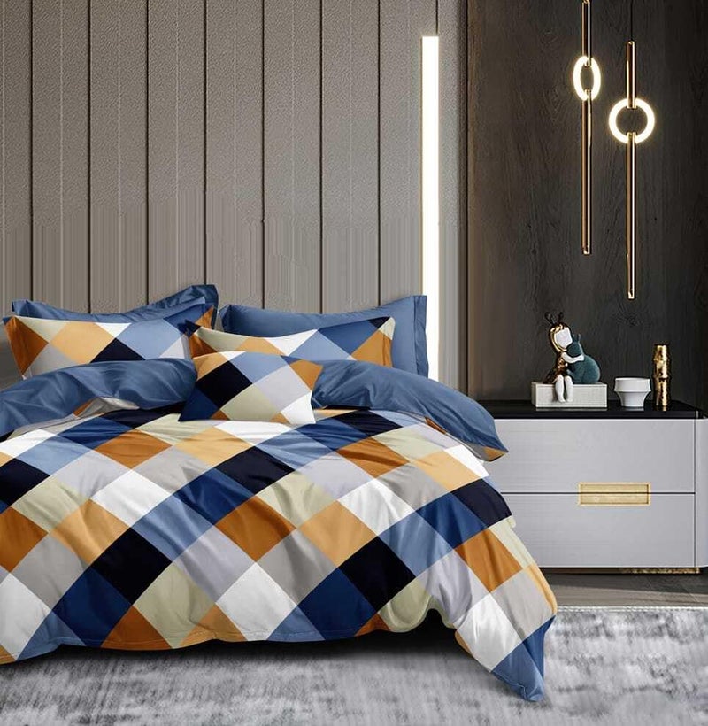 Skytex Sky Tex Multi Color 300 TC Glace Cotton 3D Checks Printed Double Bed Comforter Set (1 Comforter, 1 Bed Sheet & 2 Pillow Covers) - Image 1