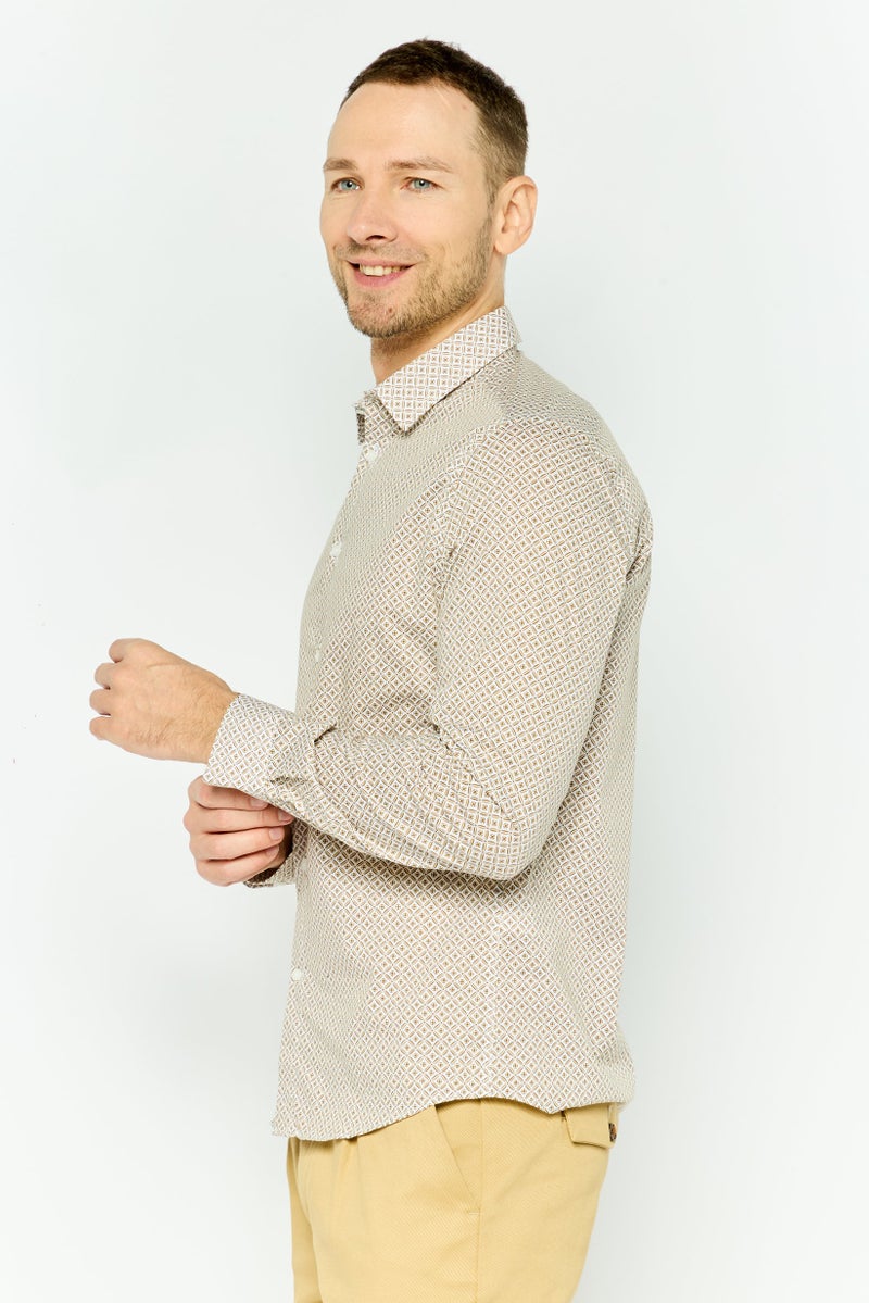 Jules Men Regular Fit Monogram Print Long Sleeves Casual Shirt, Beige  - Image 4