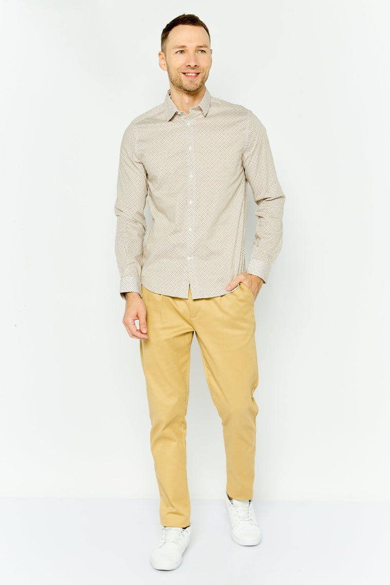 Jules Men Regular Fit Monogram Print Long Sleeves Casual Shirt, Beige  - Image 3