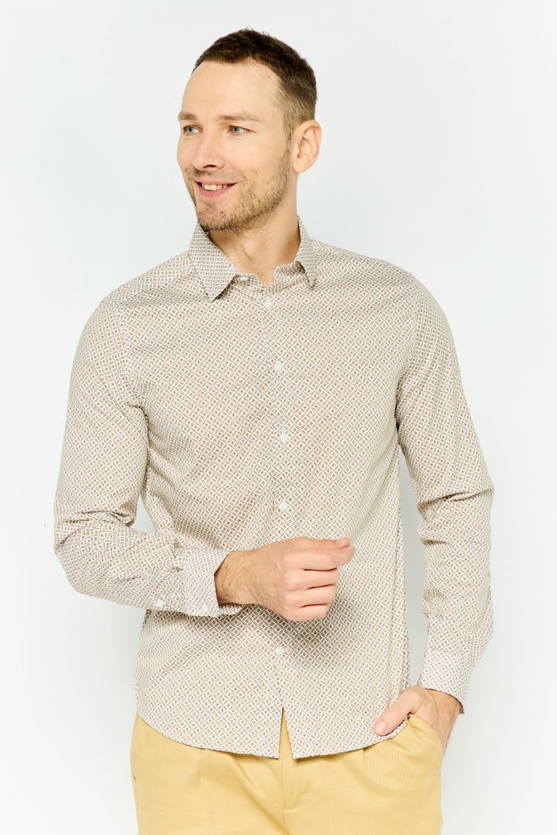 Jules Men Regular Fit Monogram Print Long Sleeves Casual Shirt, Beige  - Image 1