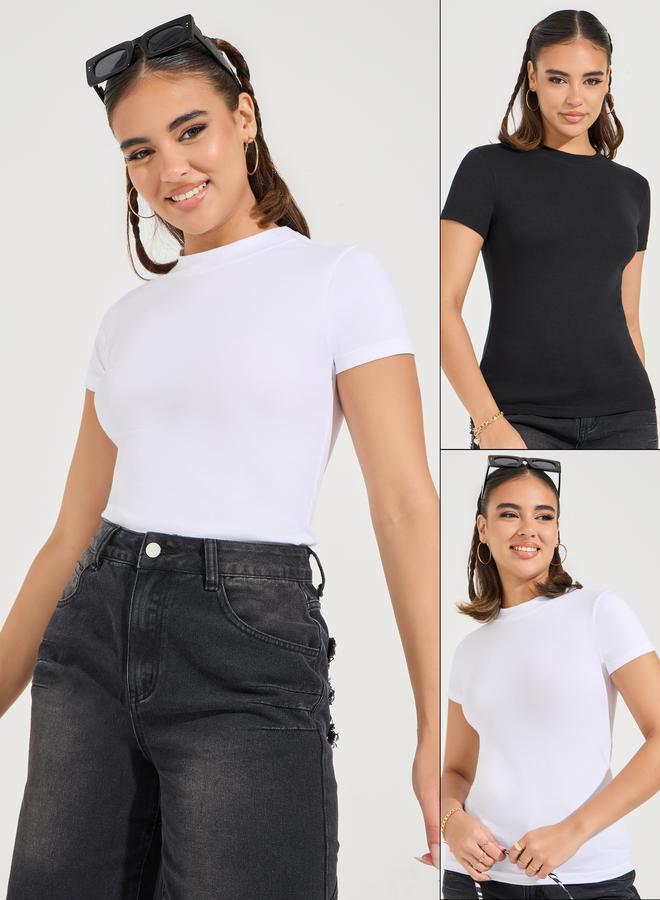 Styli Pack of 2 - Cotton Stretch Fitted High Neck T-Shirt  - Image 1