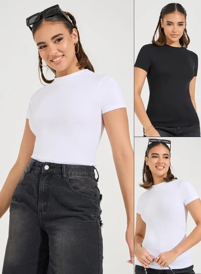 Styli Pack of 2 - Cotton Stretch Fitted High Neck T-Shirt