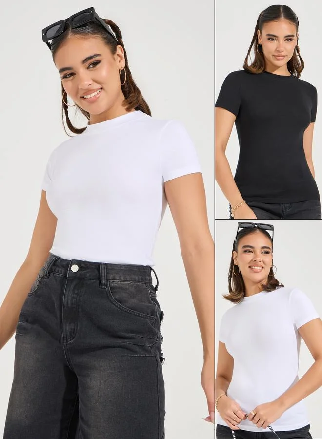 Styli Pack of 2 - Cotton Stretch Fitted High Neck T-Shirt