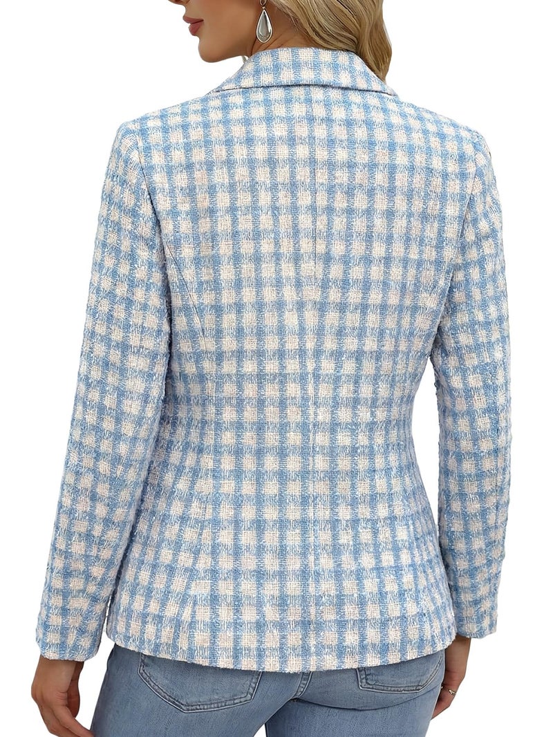 Mina Self Tweed Blazers for Women Jacket 2025 Winter Womens Clothes Blue Women's Blazers & Suit Jackets New Years Eve Fashion Clothing Petite Double Breasted Work Casual Fitted Boyfriend Ladies Cute - Image 4