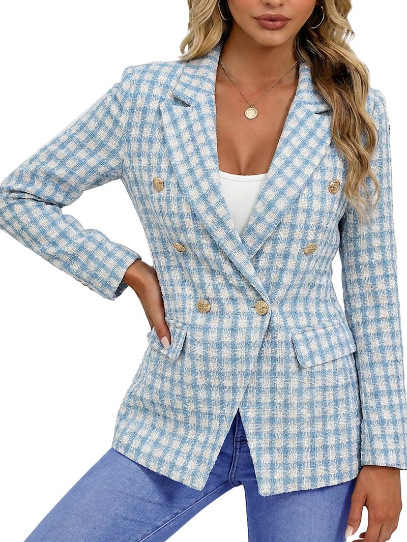 Mina Self Tweed Blazers for Women Jacket 2025 Winter Womens Clothes Blue Women's Blazers & Suit Jackets New Years Eve Fashion Clothing Petite Double Breasted Work Casual Fitted Boyfriend Ladies Cute - Image 3
