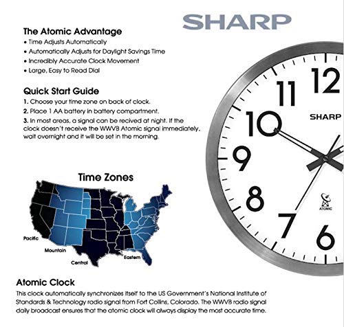 Sharp Atomic Analog Wall Clock - 12" Silver Brushed Finish - Sets Automatically- Battery Operated - Easy to Read - Easy to Use– Modern Design and Style - Image 4