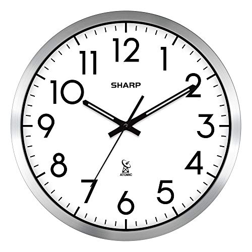 Sharp Atomic Analog Wall Clock - 12" Silver Brushed Finish - Sets Automatically- Battery Operated - Easy to Read - Easy to Use– Modern Design and Style - Image 1