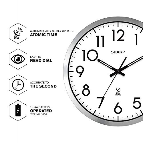 Sharp Atomic Analog Wall Clock - 12" Silver Brushed Finish - Sets Automatically- Battery Operated - Easy to Read - Easy to Use– Modern Design and Style - Image 3