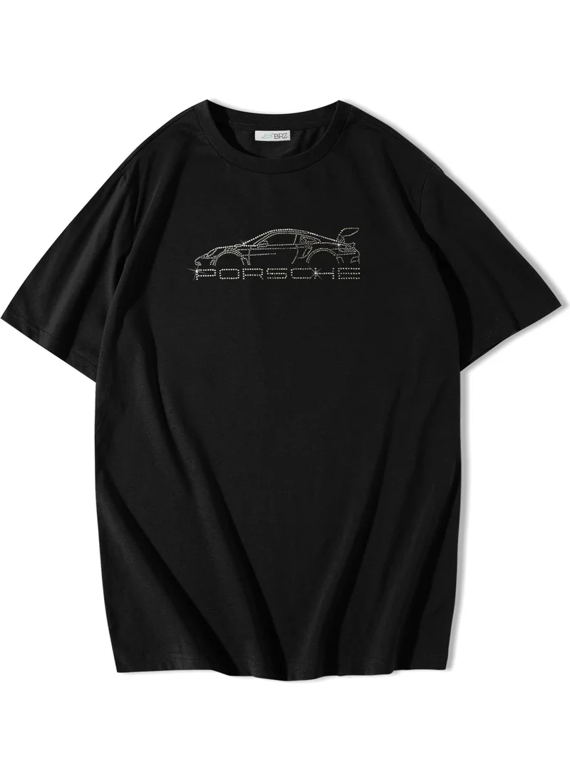 BRZ Collection Oversize Porsche Crystal Stone Printed T-Shirt