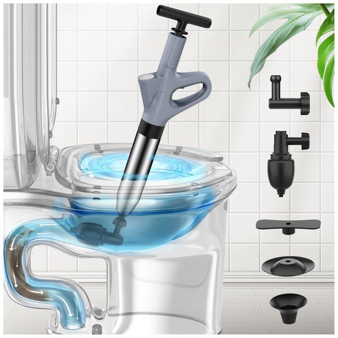 TOILET PLUNGER HIGH PRESSURE TOILET PLUNGERTOILET AUGER AIR DRAIN BLASTER WITH REALTIME HEAVY DUTY PLUNGER FOR BATHROOM AND PLUMBING CLOGS GREY