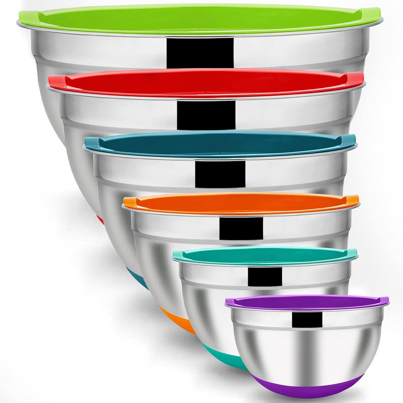 LIANYU Nesting Mixing Bowls Set of 6 with Airtight Lids, Size 7, 3.5, 2.5, 2, 1.5, 1QT, Large Stainless Steel Metal Bowls for Baking Cooking Food Storage, Non-slip Bottom, Colorful - Image 1