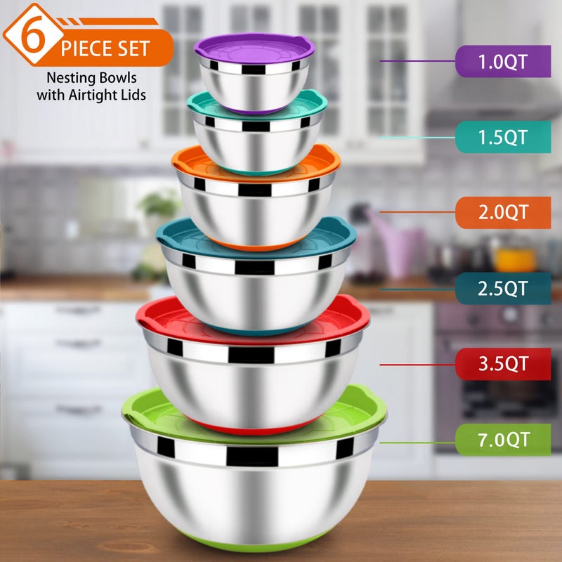 LIANYU Nesting Mixing Bowls Set of 6 with Airtight Lids, Size 7, 3.5, 2.5, 2, 1.5, 1QT, Large Stainless Steel Metal Bowls for Baking Cooking Food Storage, Non-slip Bottom, Colorful - Image 2