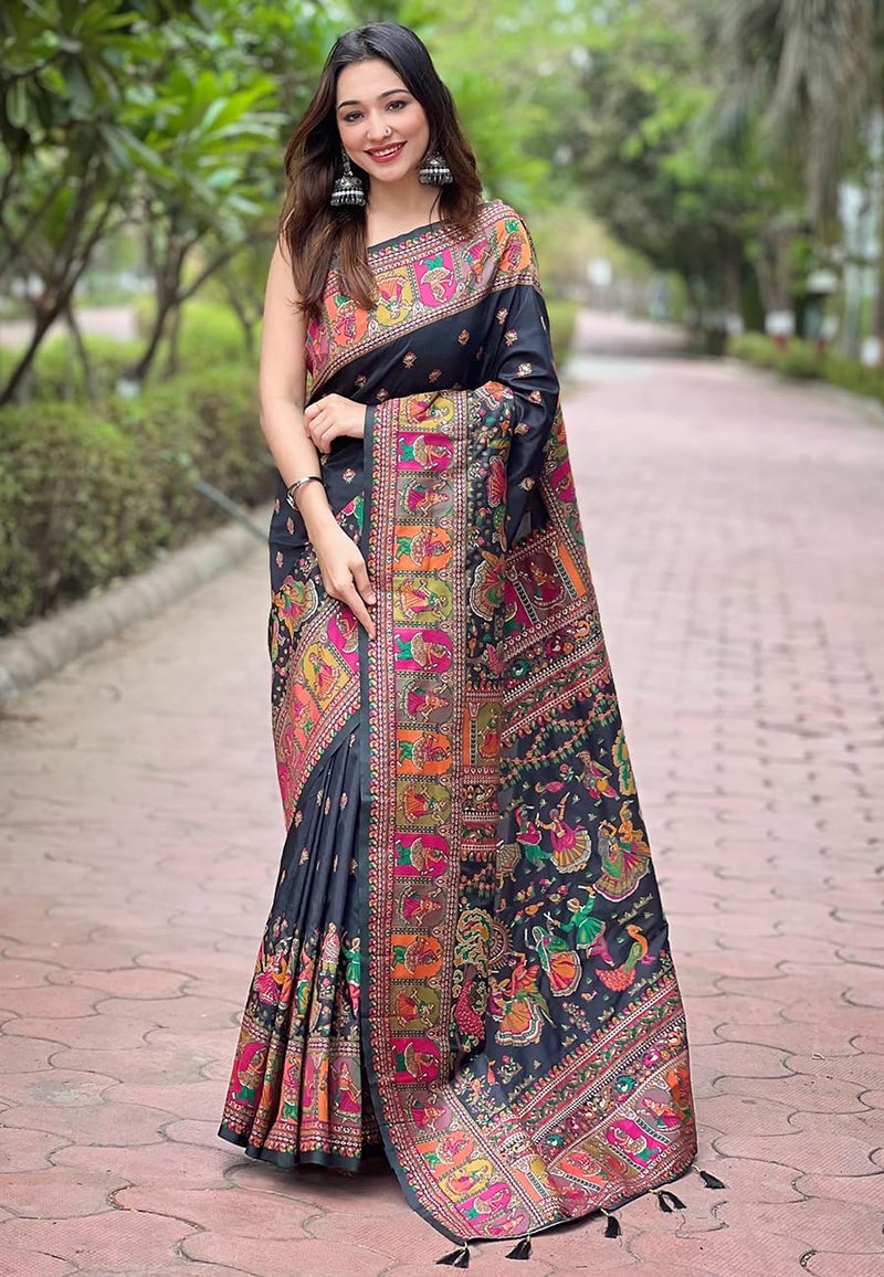 SGF11 Women's Kanjivaram Pure Soft Silk Saree With Unstitched Blouse Piece (Black) - Image 2