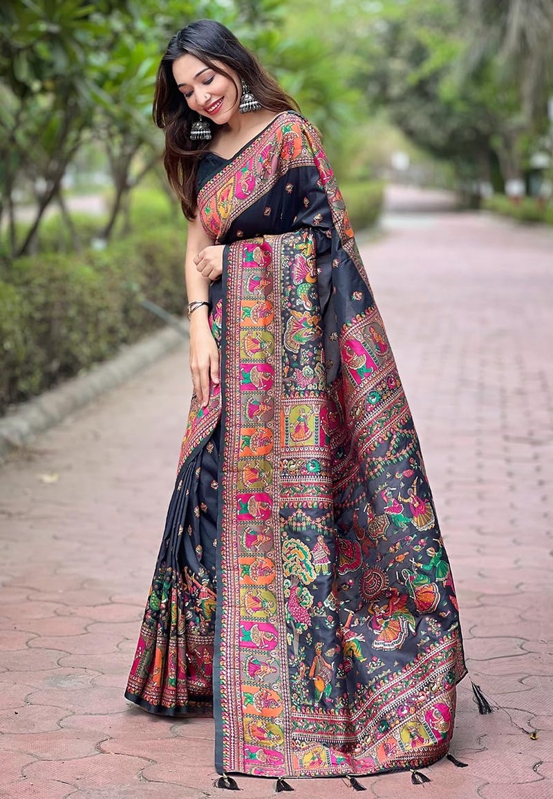 SGF11 Women's Kanjivaram Pure Soft Silk Saree With Unstitched Blouse Piece (Black) - Image 5