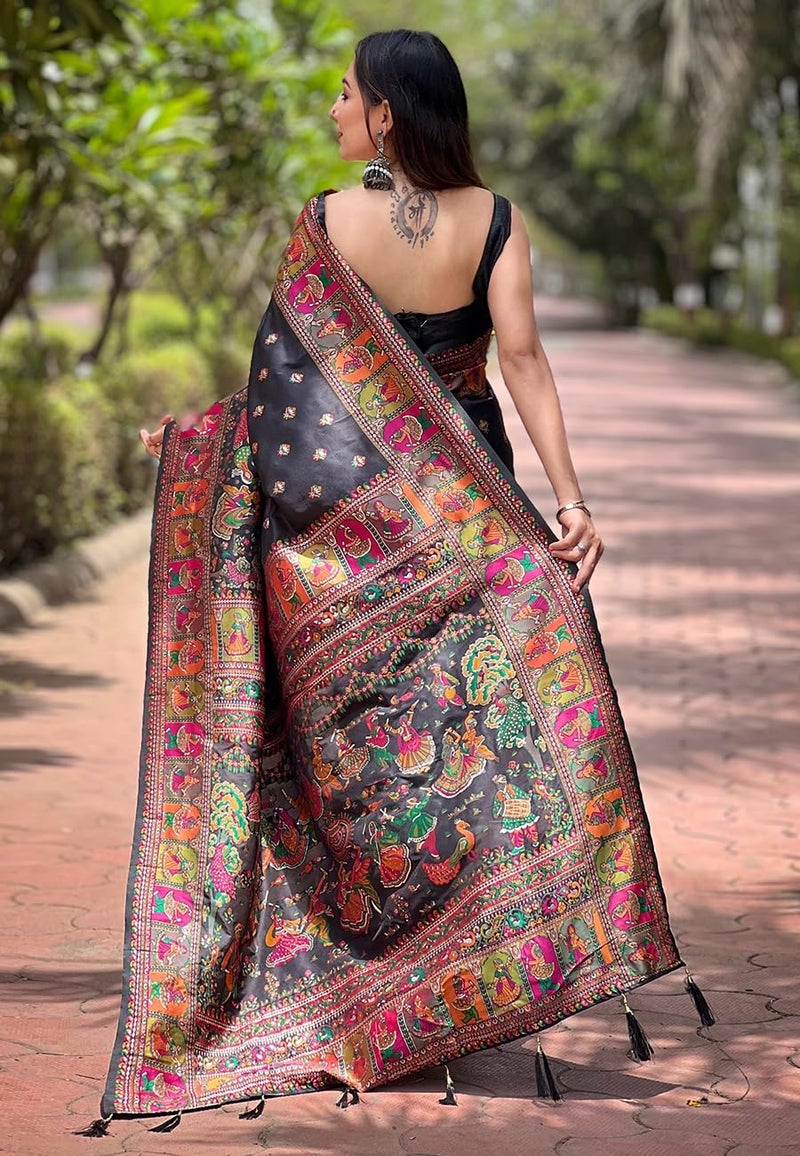 SGF11 Women's Kanjivaram Pure Soft Silk Saree With Unstitched Blouse Piece (Black) - Image 4