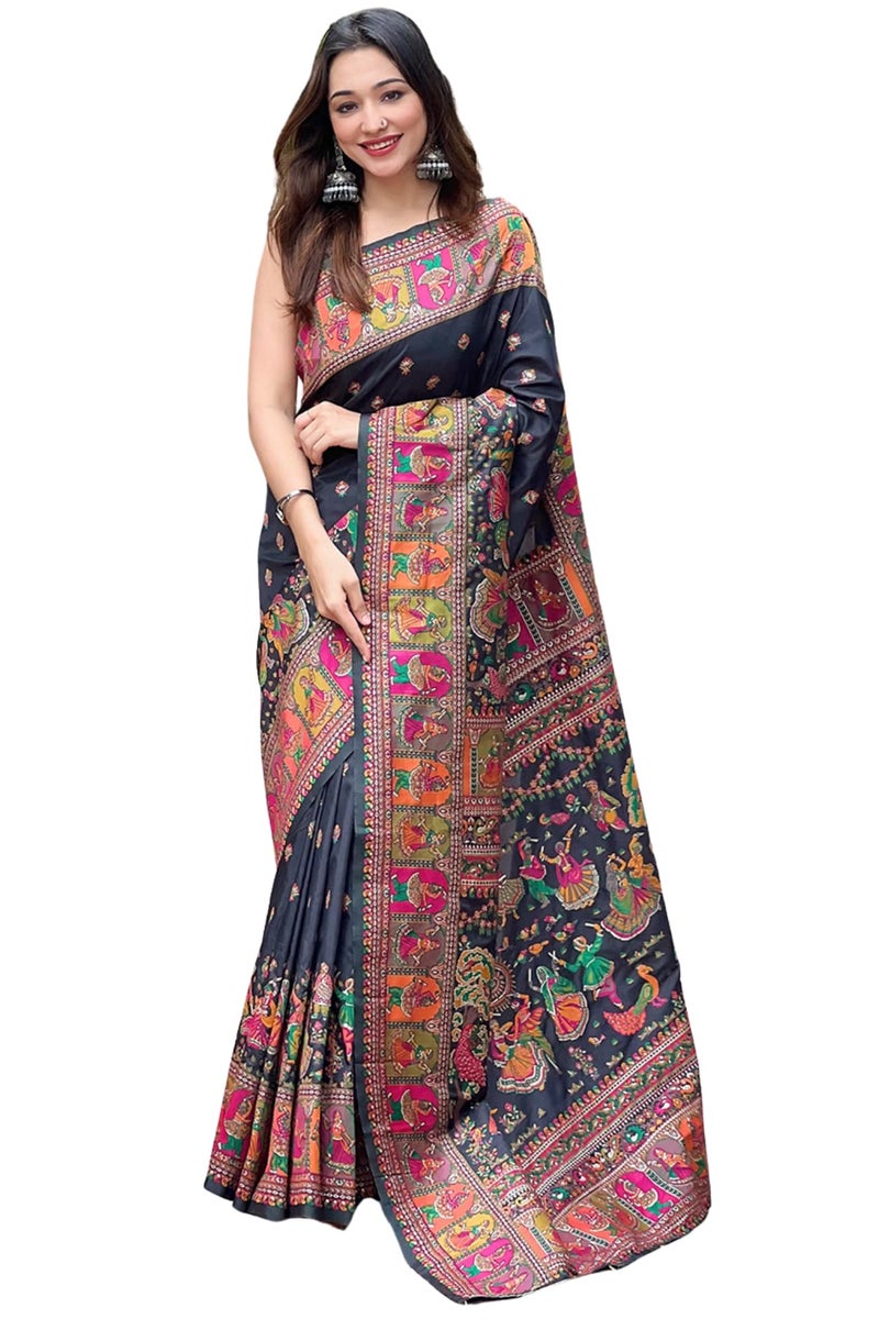 SGF11 Women's Kanjivaram Pure Soft Silk Saree With Unstitched Blouse Piece (Black) - Image 1
