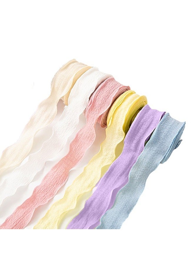 Zeemey 6 Rolls of Double-Sided Satin Ribbon, 1 inch x 10 yards (Total 60 yards),Polyester Crinkle Ribbon for DIY Crafts, Bows, Gift Wrapping - Frayed Edge Linen Wave Ribbons for Bouquets, Cake Decor, Flower Packaging  - Image 1