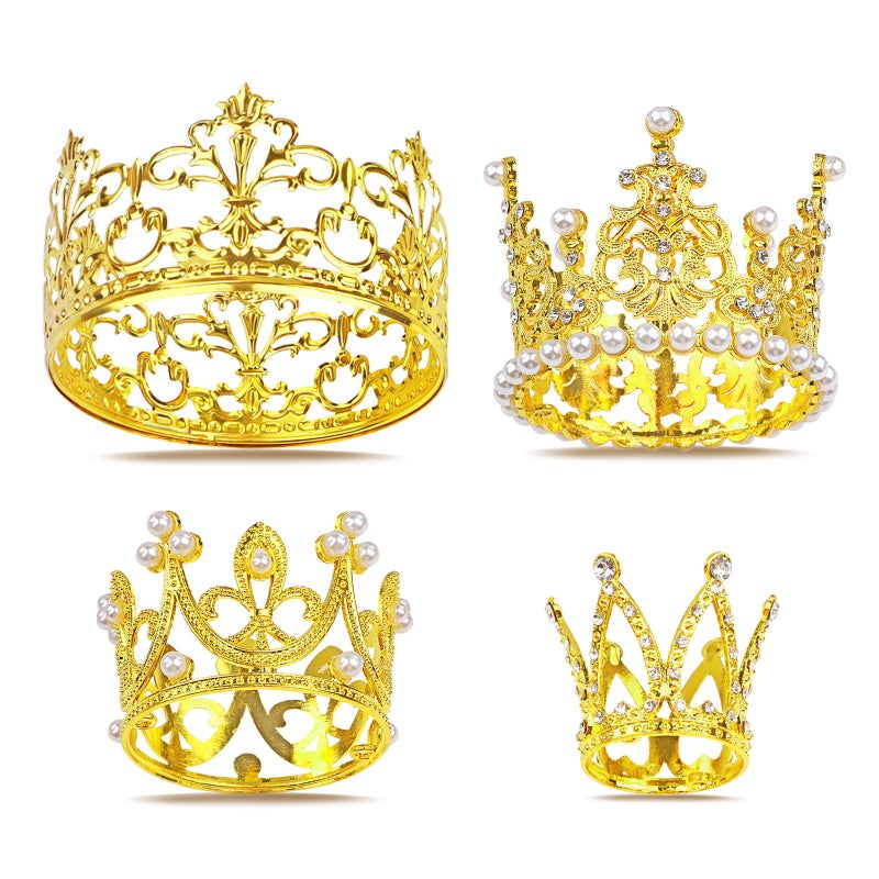 Coidea 4 PCS Crown Cake Topper, Gold Mini Crown Flower Arrangements Bouquet, Crystal Pearl Vintage Tiara Small Baby Princess Crown for Birthday Wedding Party Baby Shower Decor Boys and Girls - Image 1