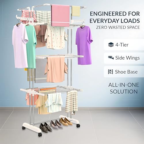 H Houseware Foldable Cloth Drying Stand Stainless Steel 4 Tier Heavy-Duty Clothes Dryer for Balcony, Indoor & Outdoor Use | with Wheels & Hanger Slots | Rust-Proof Laundry Rack(Jumbo White) - Image 3