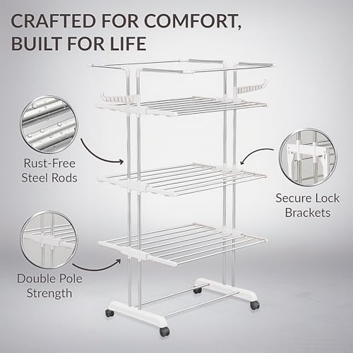 H Houseware Foldable Cloth Drying Stand Stainless Steel 4 Tier Heavy-Duty Clothes Dryer for Balcony, Indoor & Outdoor Use | with Wheels & Hanger Slots | Rust-Proof Laundry Rack(Jumbo White) - Image 5