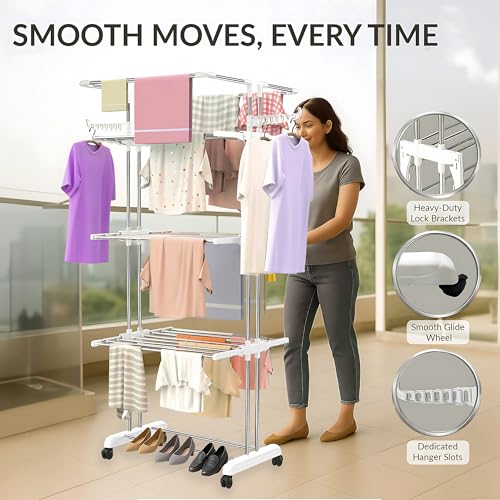 H Houseware Foldable Cloth Drying Stand Stainless Steel 4 Tier Heavy-Duty Clothes Dryer for Balcony, Indoor & Outdoor Use | with Wheels & Hanger Slots | Rust-Proof Laundry Rack(Jumbo White) - Image 2