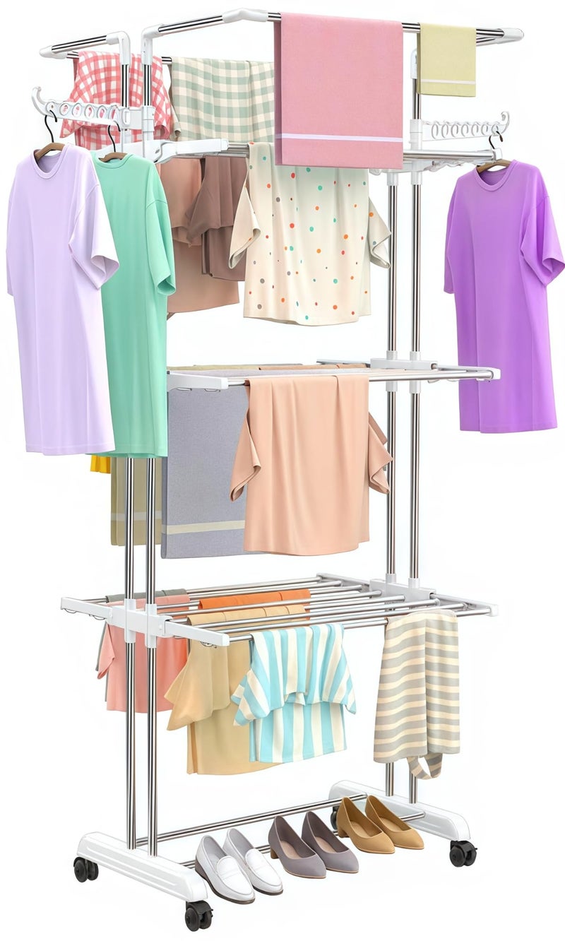 H Houseware Foldable Cloth Drying Stand Stainless Steel 4 Tier Heavy-Duty Clothes Dryer for Balcony, Indoor & Outdoor Use | with Wheels & Hanger Slots | Rust-Proof Laundry Rack(Jumbo White) - Image 4