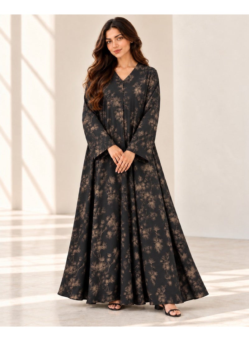 KAVALEE Women's Black Brown Floral Print Flared Abaya with Matching Scarf - Image 1