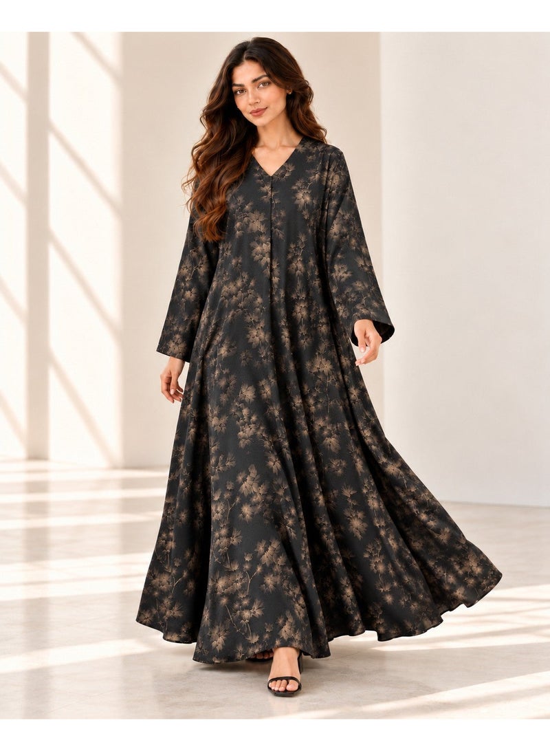 KAVALEE Women's Black Brown Floral Print Flared Abaya with Matching Scarf - Image 2
