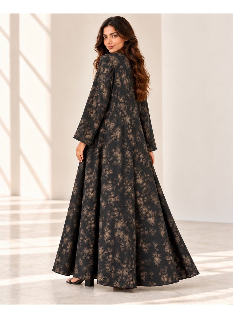 KAVALEE Women's Black Brown Floral Print Flared Abaya with Matching Scarf - Image 5