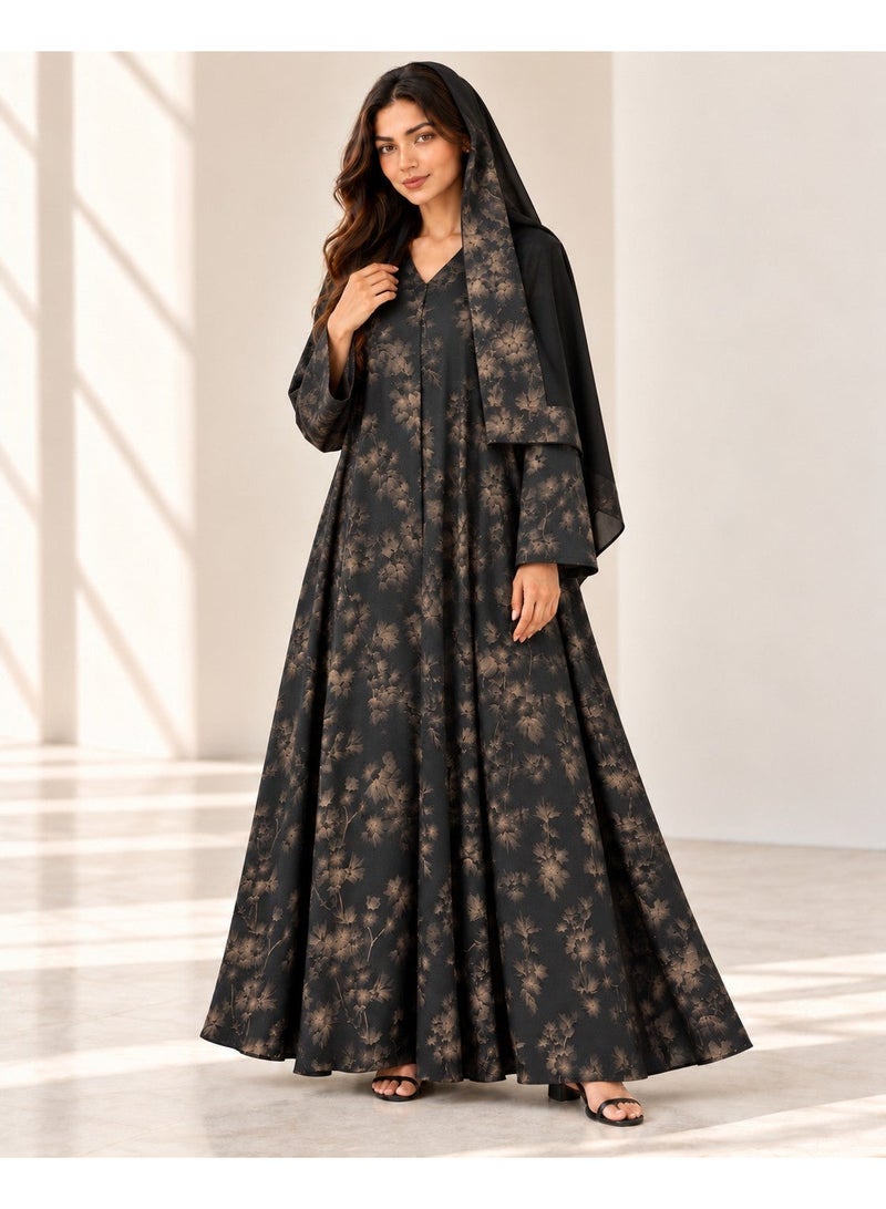 KAVALEE Women's Black Brown Floral Print Flared Abaya with Matching Scarf - Image 3