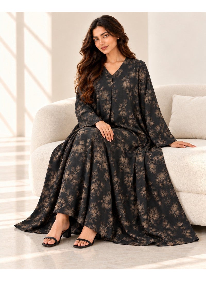 KAVALEE Women's Black Brown Floral Print Flared Abaya with Matching Scarf - Image 4