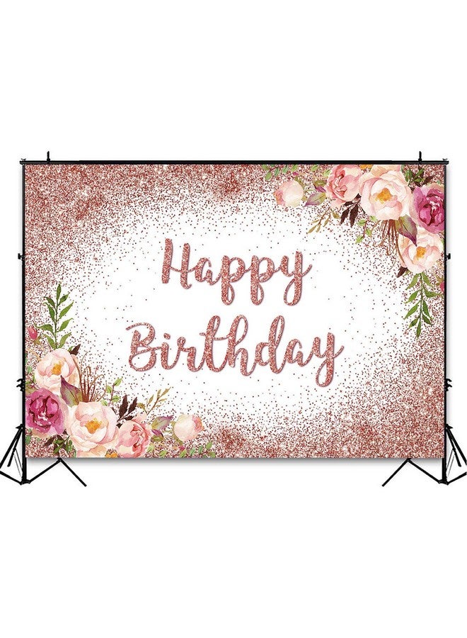 Avezano Rose Gold Birthday Backdrop For Girls Women Happy Birthday Party Photography Background Blush Pink Floral Rose Gold Glitters Confetti Bday Decoration Photoshoot Banner (7X5Ft) - Image 4