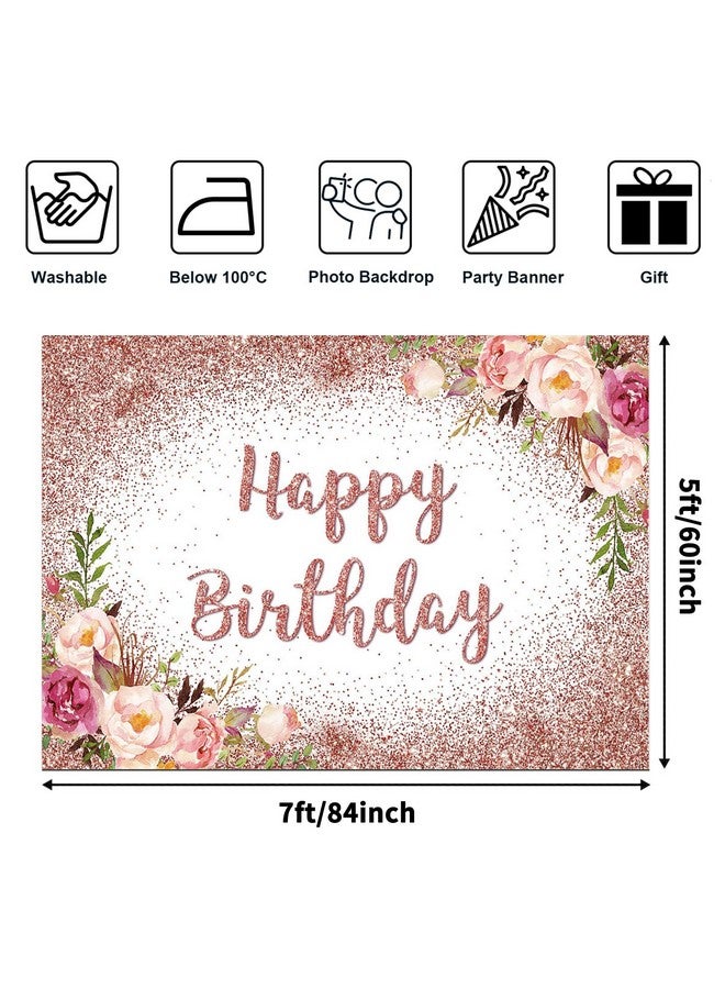 Avezano Rose Gold Birthday Backdrop For Girls Women Happy Birthday Party Photography Background Blush Pink Floral Rose Gold Glitters Confetti Bday Decoration Photoshoot Banner (7X5Ft) - Image 2