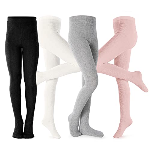 Petrass Girls Tights Toddler Cable Knit Cotton Footed Seamless Dance Ballet Baby Girls' Leggings 4 Pack Black/Ivory/Grey/Pink 9-10Y - Image 1
