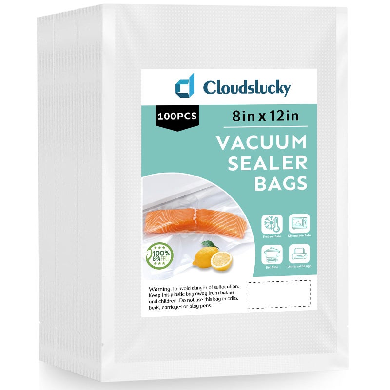 Cloudslucky Vacuum Sealer Bags for Food Quart 8x12 100 Pcs Seal a Meal Bag Food Saver Bags Sous Vide Bags Precut Thick BPAFree Textured Heavy Duty Vacuum Seal Meat Cheese Dry Goods