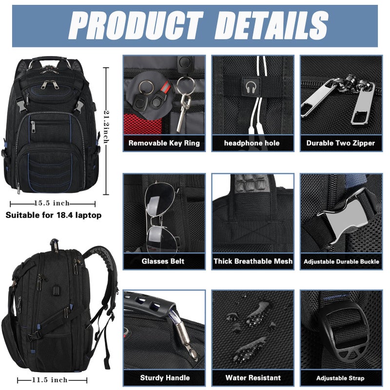 SINVICKO 18.4 Inch Laptop Backpack,Extra Large Travel Backpack with USB Charger Port for Men Women,60L Big Capacity Heavy Duty Computer Bag TSA Friendly RFID Anti Theft Pocket Backbag,21.2*15.5*11.5 inch Blue - Image 2