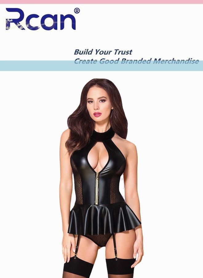 Rcan Lingerie For Women's Shiny PU Leather High Collar Zip Slim Fit Short Skirt Skinny Party Sling Mini Dress One Piece Babydoll Halter Neck Bodysuit Black - Image 1