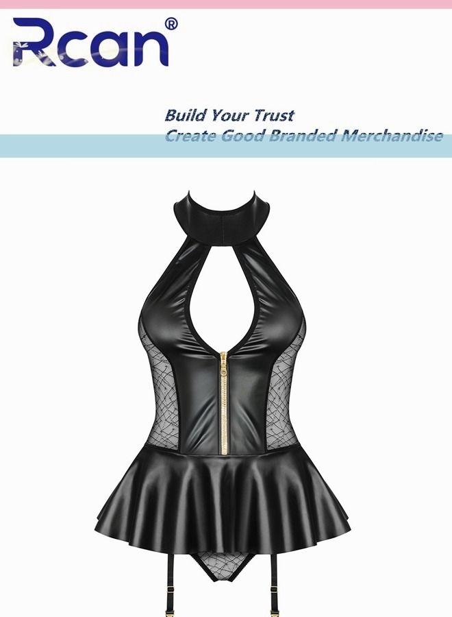 Rcan Lingerie For Women's Shiny PU Leather High Collar Zip Slim Fit Short Skirt Skinny Party Sling Mini Dress One Piece Babydoll Halter Neck Bodysuit Black - Image 2