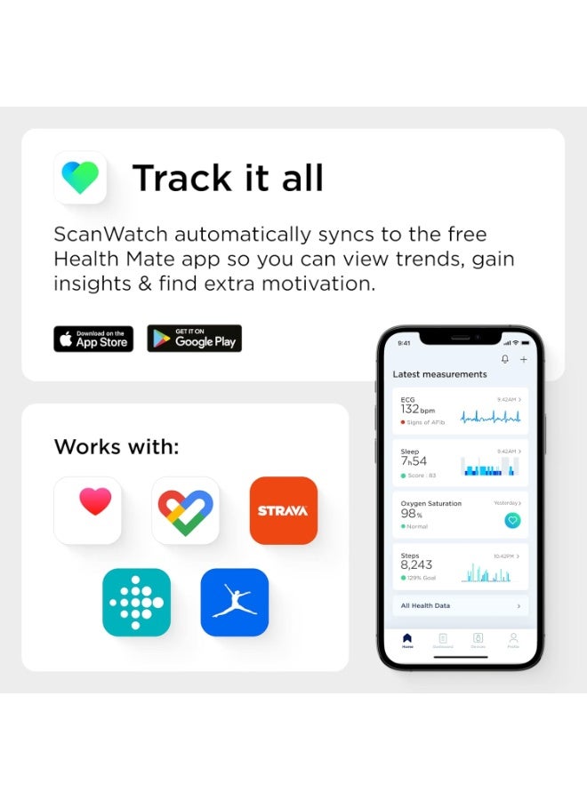 ويذينجز ساعة Withings ScanWatch – ساعة ذكية هجينة بتصميم فاخر، تحتوي على تخطيط قلب (ECG) طبي، مراقبة نبض القلب، ومقياس تشبع الأكسجين (SpO2) - Image 2