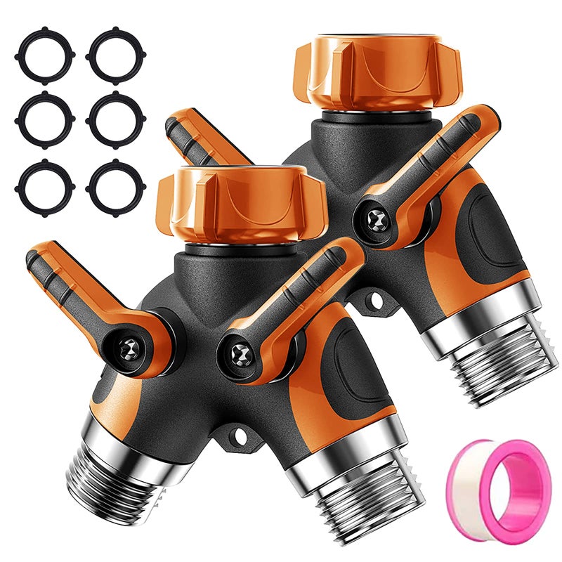 Klmnduo Garden Hose Splitter 2 Way 34 Spigot Adapter Connector Water Faucet Splitter with Comfortable Rubberized Grip Solid 2 Way Y Hose Connector for Outdoor and Indoor Use Orange 2 Pack - Image 2