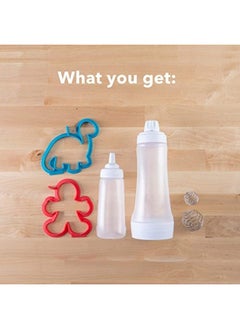 Pancake Batter Bottle, Two Silicone Pancake Molds, And Two Blenderball Wire Whisks, Pancake Shapers Are A Person And A Dinosaur