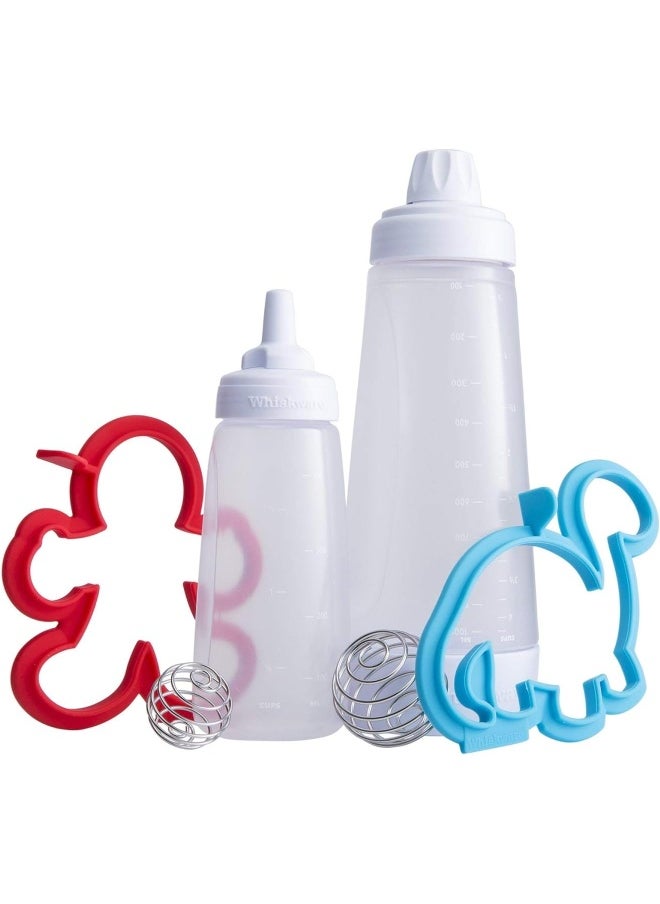 Whiskware - Pancake Batter Bottle, Two Silicone Pancake Molds, And Two Blenderball Wire Whisks, Pancake Shapers Are A Person And A Dinosaur - Image 1